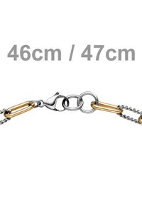 Halskette aus Silber- und Goldtönen, mit verbundenen ovalen Formen, einem Karabinerverschluss und einer Länge von 46 cm oder 47 cm.