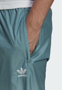 Mintgröna sportshorts med en mjuk textur, utrustade med ett elastiskt midjeband och sidofickor. Broderad vit Adidas-logotyp.