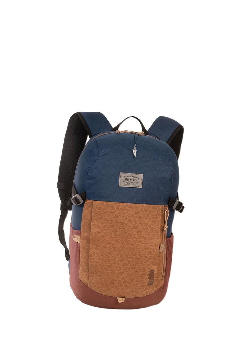 Sac à dos bleu et marron avec un fond texturé, des bretelles ajustables, des compartiments zippés et un patch logo sur le devant.