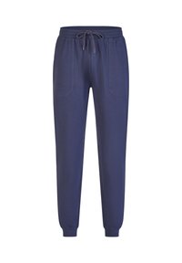 Pantalones jogger azul marino hechos de una tela suave, con cintura ajustable mediante cordón, dos bolsillos frontales y puños ajustados. Diseño simple y limpio.