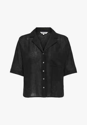 Chemise noire à manches courtes boutonnée, col cranté et poche poitrine unique, tissu léger semi-transparent.