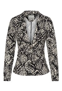 Veste à motifs noir et blanc avec un col cranté, une fermeture à un bouton, des manches longues et deux poches avant.