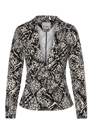 Črno-bela srajčna jakna z vzorcem, z zarezenim ovratnikom, zapenjanjem na en sam gumb, dolgimi rokavi in dvema sprednjima žepoma.