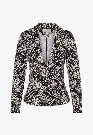 Mustvalge mustriga bleiser, millel on sälklihver, ühe nupuga sulgur, pikad varrukad ja kaks esitaskut.