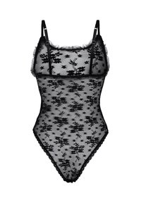 Czarny bodysuit z koronką, zdobiony kwiatowym haftem, z regulowanymi ramiączkami i falbanami, wykończony koronkowym brzegiem u dołu.