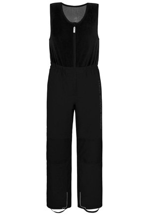 Schwarzer, ärmelloser Jumpsuit mit einem Reißverschluss und elastischem Bund. Verfügt über eine glatte Textur, Taschen und kontrastierende weiße Akzente.