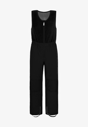 Schwarzer, ärmelloser Jumpsuit mit einem Reißverschluss und elastischem Bund. Verfügt über eine glatte Textur, Taschen und kontrastierende weiße Akzente.
