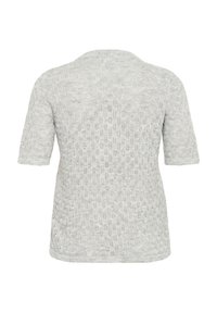 Kurze Ärmel, hellgrauer Pullover mit einem strukturierten, luftigen Strickmuster. Verfügt über einen runden Ausschnitt und einen leicht lockeren Schnitt.