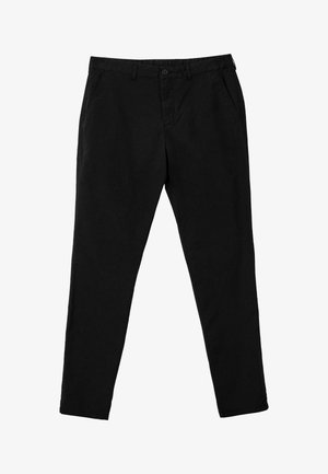 Pantaloni neri aderenti con bottone frontale, chiusura a zip, due tasche laterali e passanti per cintura, stesi su uno sfondo bianco.