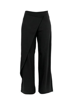 Pantaloni neri a gamba larga con design avvolgente, realizzati in tessuto morbido. Presentano una tasca laterale e una vita alta, offrendo una silhouette strutturata.