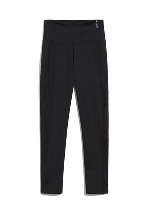 Schwarze Sportleggings mit hohem Bund, ausgestattet mit Flachnähten, zwei Seitentaschen und einer glatten, dehnbaren Stoffstruktur.