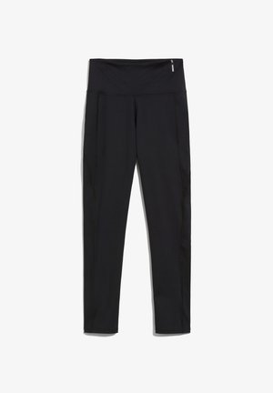 Schwarze Sportleggings mit hohem Bund, ausgestattet mit Flachnähten, zwei Seitentaschen und einer glatten, dehnbaren Stoffstruktur.