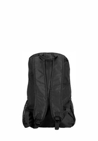 Sac à dos noir avec deux bretelles rembourrées, tissu texturé et poches latérales en maille. Design simple, fermeture à cordon en haut.