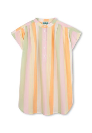 Blouse à manches courtes avec boutons, rayures verticales pastel en orange, rose, crème et vert, avec un col rond et une étiquette Kenzo.