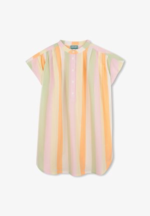 Blouse à manches courtes avec boutons, rayures verticales pastel en orange, rose, crème et vert, avec un col rond et une étiquette Kenzo.