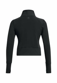 Schwarzer sportlicher Pullover mit hohem Kragen, langen Ärmeln und geripptem Saum. Hergestellt aus dehnbarem, feuchtigkeitsableitendem Stoff, mit Logodetail.