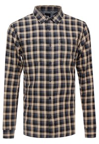 Camicia a maniche lunghe a quadri in beige e nero, con chiusura a bottoni, colletto, due taschini sul petto e una morbida texture del tessuto.