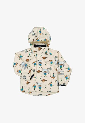 Lasten kermainen sadetakki huppulla, koristeltu leikillisin kuvin tytöstä, hevosesta ja sammakosta sinivihreissä väreissä.
