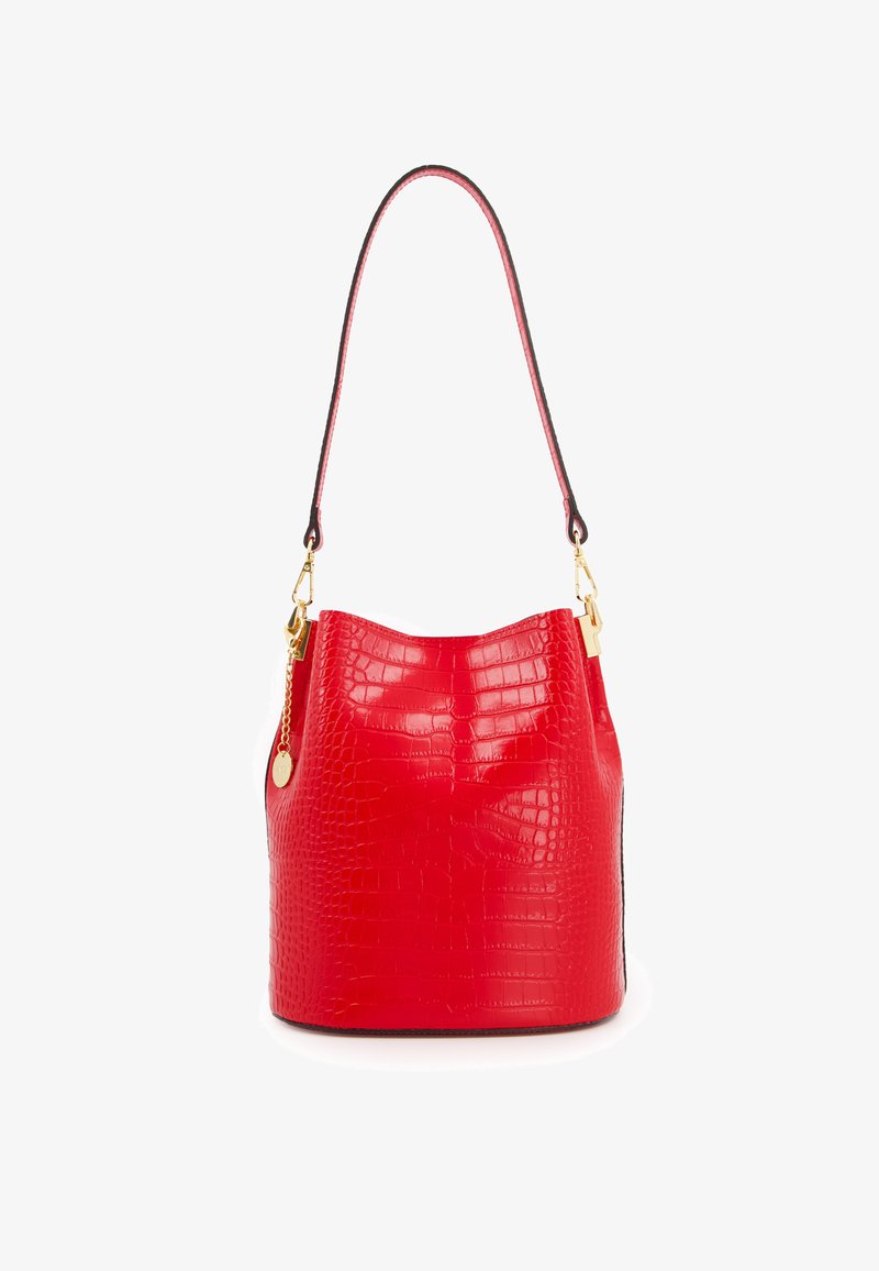 Red crocodile-textured handbag with a soft bucket shape, featuring a long shoulder strap and gold-tone hardware accents.