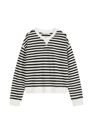 Schwarz-weißer, horizontal gestreifter Langarm-Sweatshirt mit gerippten Bündchen und Saum, Rundhalsausschnitt und kleinem, zentriertem Markenlogo auf der Brust.