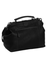 Bolso de cuero negro con una forma estructurada, asa superior, correa de hombro ajustable y bolsillo frontal con cremallera. Textura lisa, hardware mínimo.