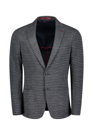 Graue Hahnentrittmuster-Blazer mit einem Reverskragen, zwei Knöpfen und zwei vorderen Taschen. Verfügt über ein kontrastierendes dunkles Innenfutter.