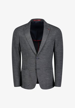 Graue Hahnentrittmuster-Blazer mit einem Reverskragen, zwei Knöpfen und zwei vorderen Taschen. Verfügt über ein kontrastierendes dunkles Innenfutter.