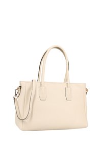 Crème faux leren totebag met dubbele handvatten aan de bovenkant en een afneembare schouderband, met een textuur oppervlak en een minimalistisch design.