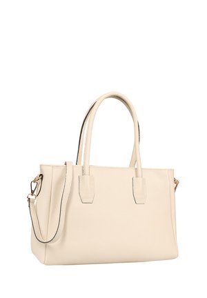 Cremfarbene, fiktive Lederträgertasche mit zwei oberen Griffen und einem abnehmbaren Schultergurt, ausgestattet mit einer strukturierten Oberfläche und minimalistischem Design.