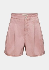Shorts pour femmes taille haute de couleur rose poussiéreuse, avec fermeture frontale par boutons et zip, poches latérales et détails plissés, sur fond uni.