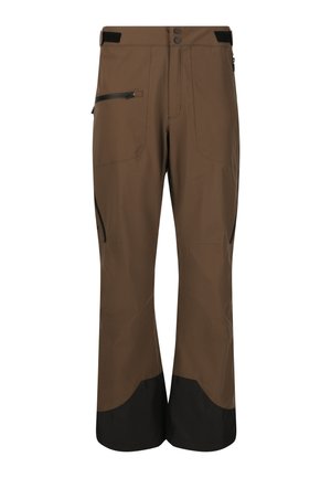 Brune udendørsbukser med sorte forstærkede lukninger, lynlåslommer på siden, dobbelt knaplukning og justerbare velcro-fester i taljen.