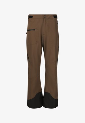 Braune Outdoor-Hosen mit schwarzem verstärktem Saum, Reißverschluss-Seitentasche, doppeltem Knopfverschluss und verstellbaren Klettverschluss-Seiten.