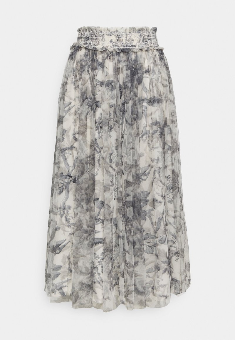 Lang, plisseret nederdel lavet af let, gennemsigtigt stof med blomstermønster i nuancer af grå og creme; har en elastisk talje.