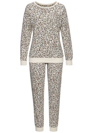 Pajama set sa uzorkom leopard u krem boji, koji se sastoji od majice s dugim rukavima i odgovarajućih hlača s elastičnim manžetama; izrađeno od mekanog, udobnog materijala.