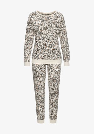 Completo pigiama leopardato in crema, con top a maniche lunghe e pantaloni abbinati con polsini elastici; realizzato in tessuto morbido e confortevole.