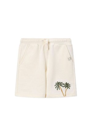 Shorts en coton couleur crème avec une taille à cordon de serrage, ornés de deux palmiers brodés sur la jambe gauche et dotés de poches latérales.