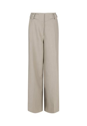 Beige hochtaillierte Hosen mit weitem Bein, seitlichen Laschen mit Knöpfen und verdecktem Frontverschluss, dargestellt auf weißem Hintergrund.