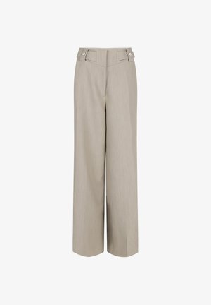 Beige broek met hoge taille en brede pijpen, voorzien van met knopen verstelbare zijkleppen en een verborgen sluiting aan de voorkant, afgebeeld op een witte achtergrond.