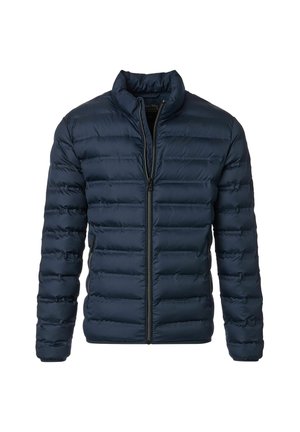 Marineblå dunjakke med høj krave, vandret quiltet design og frontlynlås. Har sidelommer og glat tekstur.