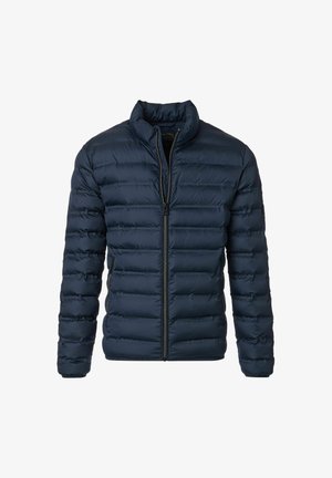 Marineblå dunjakke med høj krave, vandret quiltet design og frontlynlås. Har sidelommer og glat tekstur.