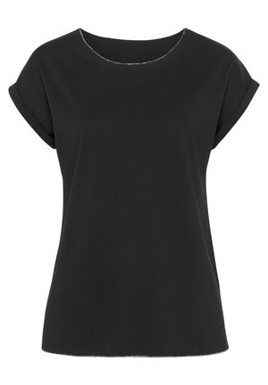 Schwarzes T-Shirt mit kurzen Ärmeln, lockerem Schnitt, runder Ausschnitt und einer leicht strukturierten Oberfläche am Kragen und Saum.