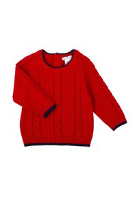 Jersey de punto trenzado rojo de manga larga con ribetes azul marino en puños, dobladillo y cuello, apto para un niño.