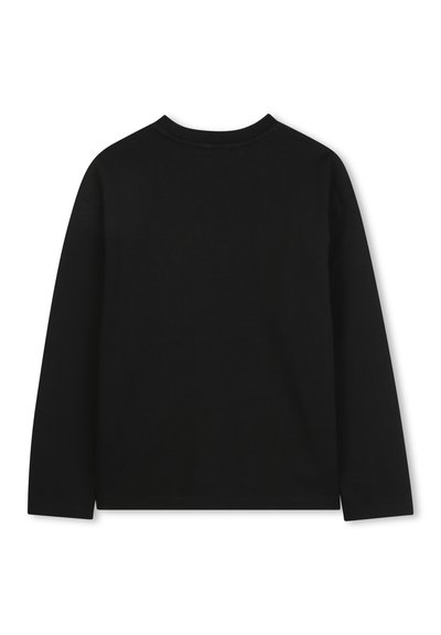 Zwart lange mouwen shirt met een ronde hals, zachte textuur en een eenvoudig ontwerp. De achterkant is onversierd met een rechte zoom.