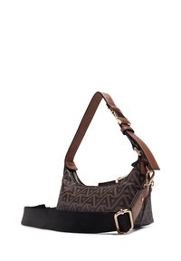 Brown patterned shoulder bag with a curved shape, leather and fabric materials, gold hardware accents, and an adjustable black strap.