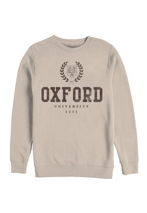 Beżowa bluza z tekstem "Oxford University 1231" oraz emblematem z wieńcem laurowym i tarczą nadrukowanym na przodzie w ciemnobrązowym kolorze.