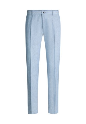 Pantalon bleu clair tailleur avec passants de ceinture, fermeture à boutons devant et plis le long des jambes.