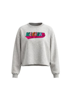Lysegrå cropped sweatshirt med lange ærmer, farverig tekstur "ICE CREAM" tekst på brystet og ribkant ved ærmer og hals.