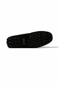 Schwarze Schuhsohle aus strukturiertem Gummi mit runden Profiltiefen und Markenlogo. Glatte obere Kante, die in eine flache Ferse übergeht.