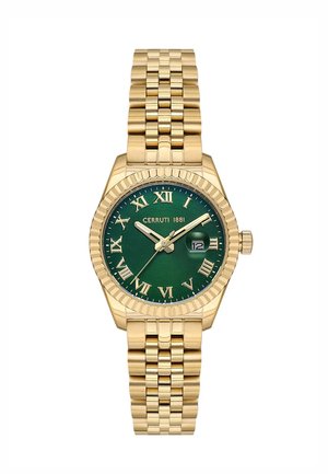 Urmageri i metal med guldfinish, grøn urskive, romertal, datovisning kl. 3 og guldfarvet lænke.