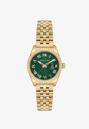 Polshorloge in goudkleurig metaal met groene wijzerplaat, Romeinse cijfers, datumweergave op 3 uur en gouden schakelband.